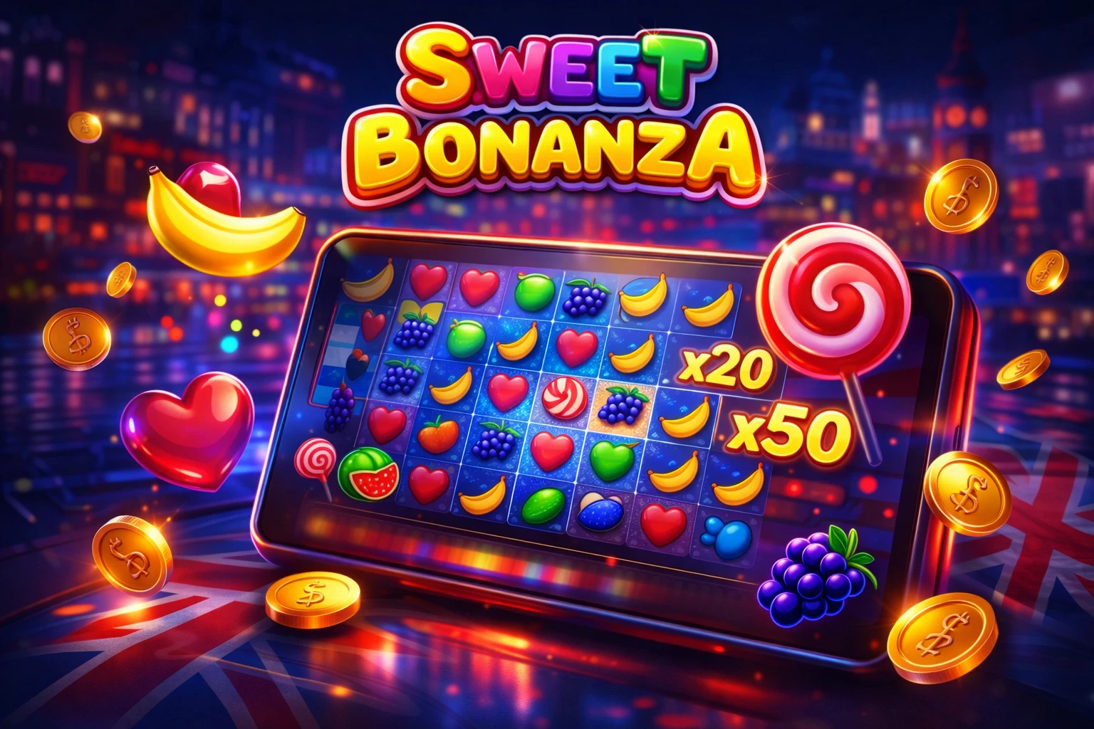 Captura de pantalla de Sweet Bonanza en Betfair mostrando símbolos de frutas y bonificaciones
